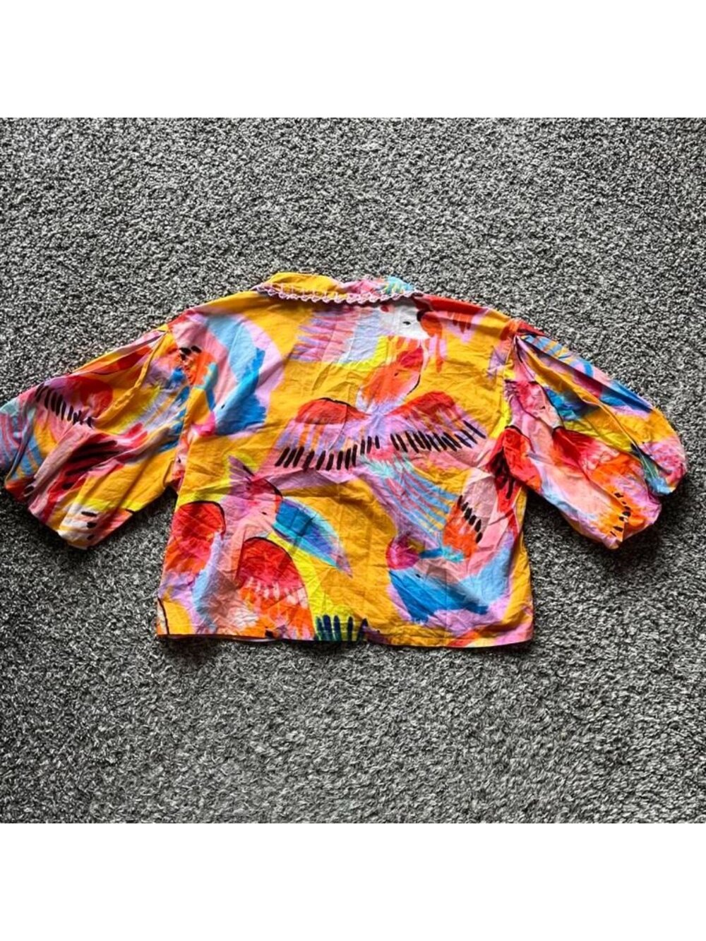 Farm Rio Neon Macaws Collar Puff Sleeve Med Blouse Boho Festival Tropical Vacay - Picture 4 of 7